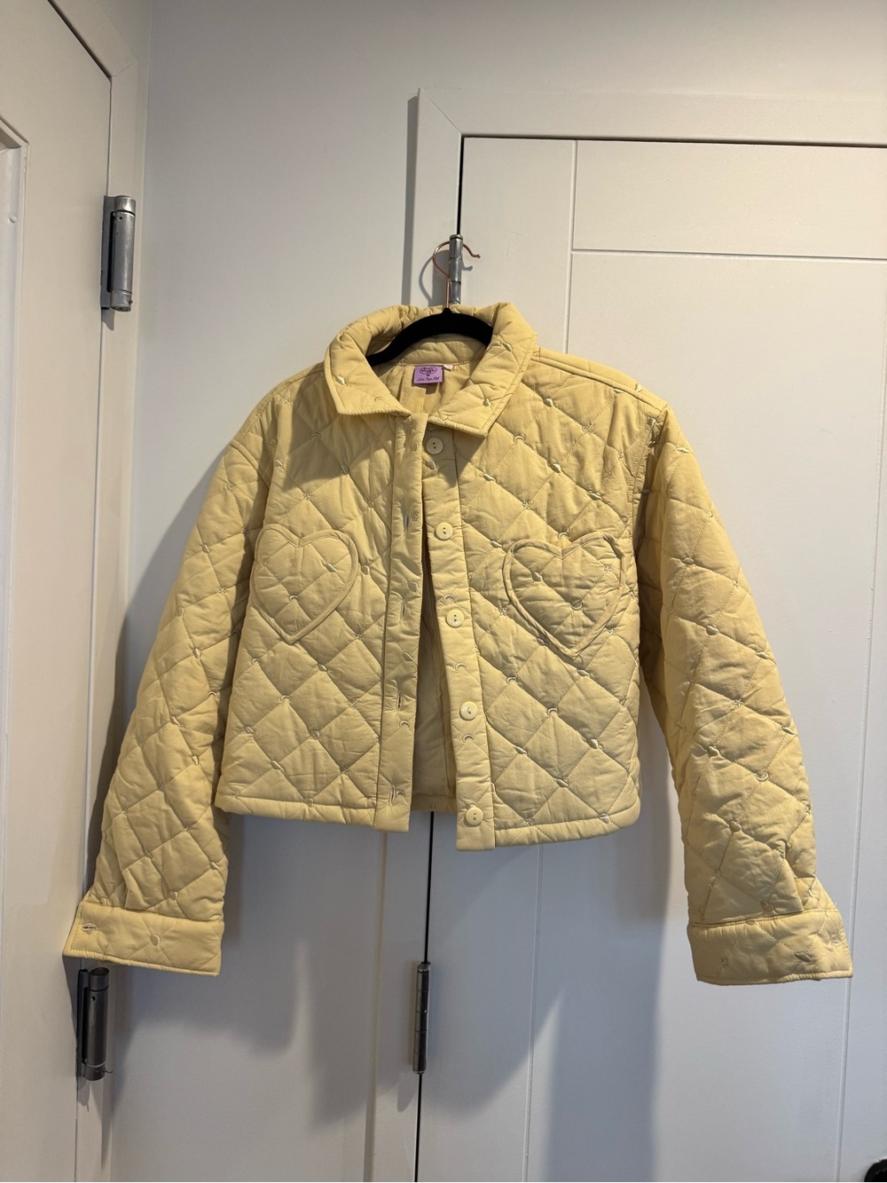 Lisa Says Gah Quilted Heart Pocket Puffer Jacket - Pale Yellow